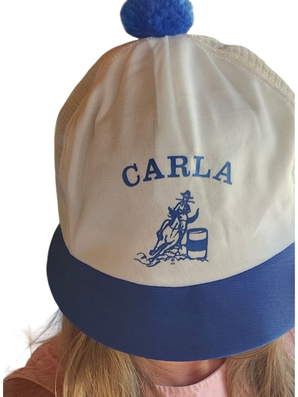 Vintage 70/80s Carla Barrel Racer Trucker Hat Rodeo Western Snapback Pom Pom Cap - Picture 2 of 8